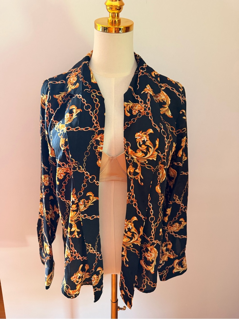 Black & Gold Chain Print Open Blouse